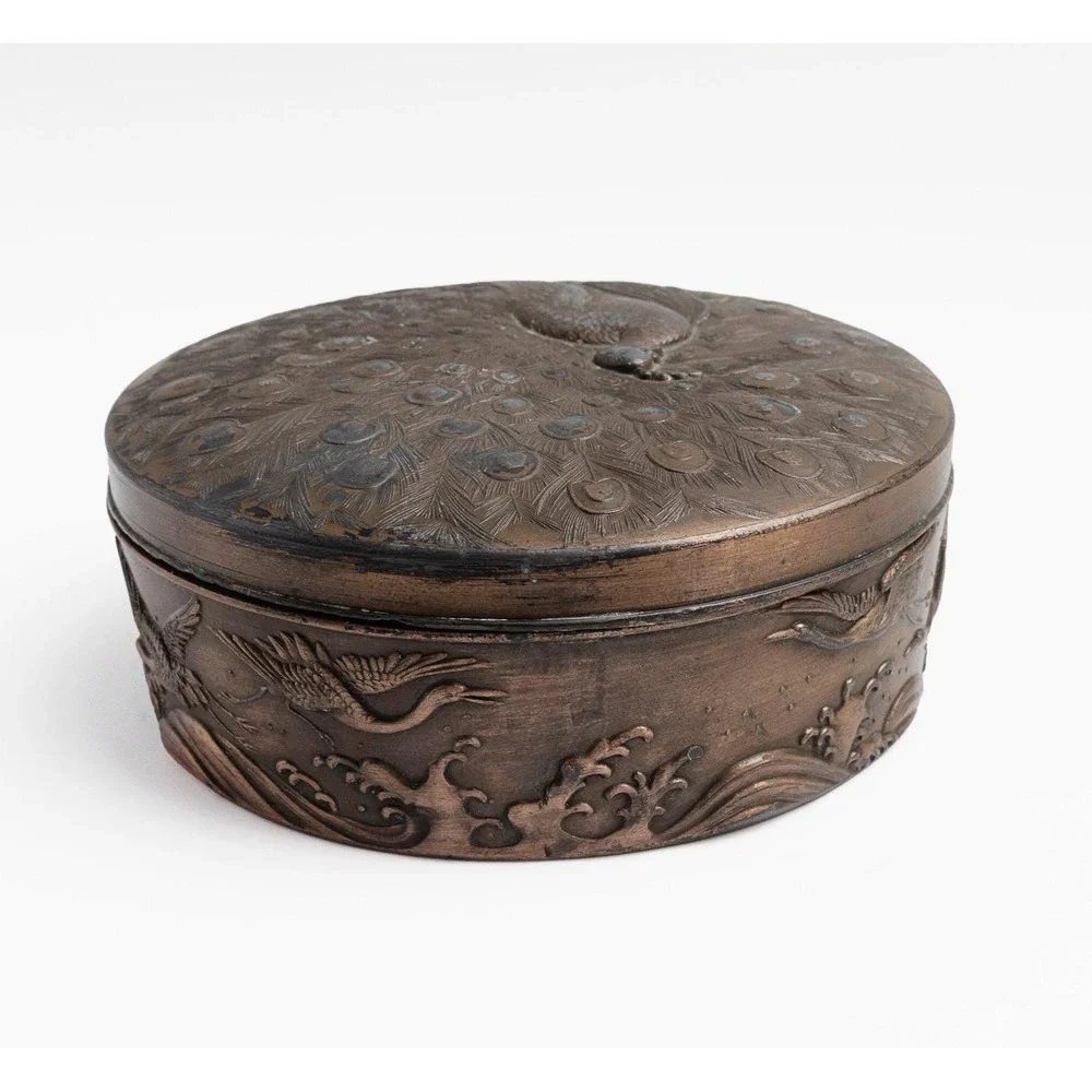 Art Nouveau Style Peacock Trinket Box For Jewelry Keepsakes Copper Covered Metal